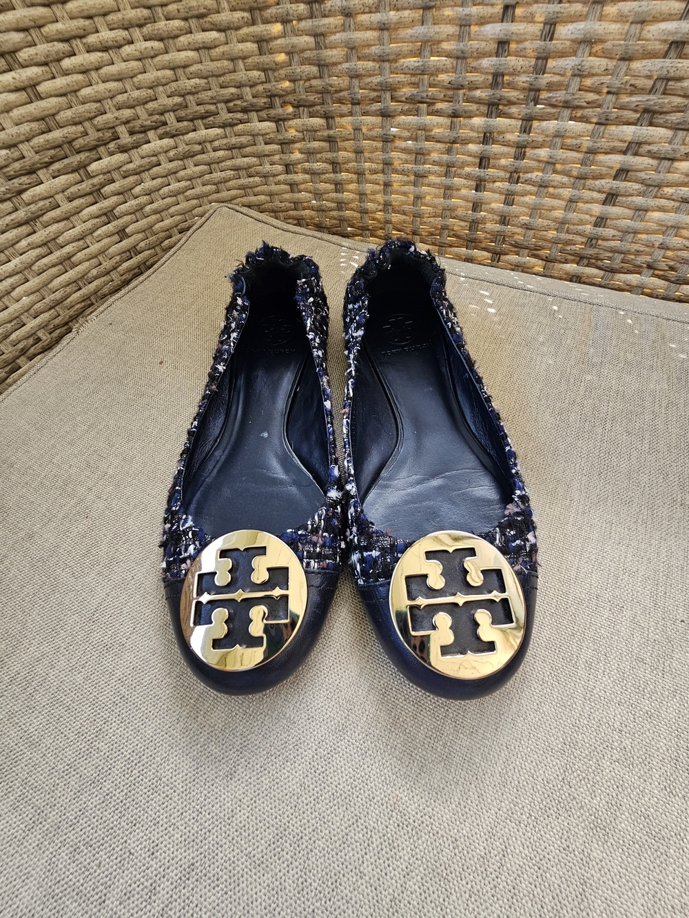 Tory Burch Navy Tweed Logo Ballet Flats